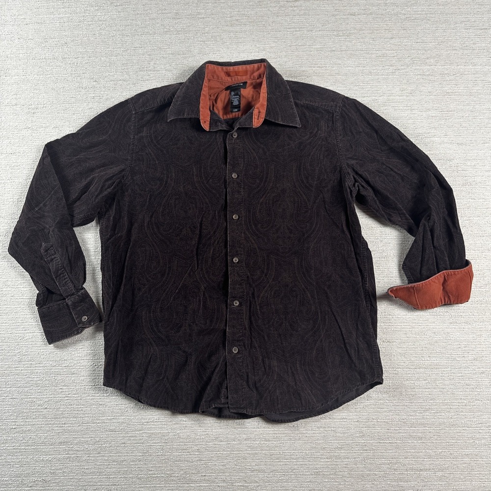 Dark Academia Paisley Corduroy Button Up Shirt Brown Orange Claiborne L Fall